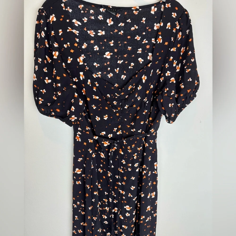 Sanctuary Size 8 Black Floral Sweetheart Puff Sleeve Tie Waist Midi Dress - Picture 1 of 6